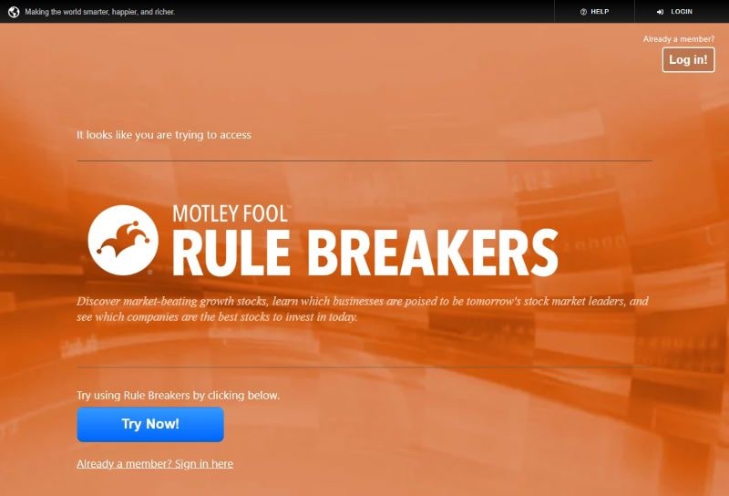 Motley Fool Rule Breakers Tool website landing page
