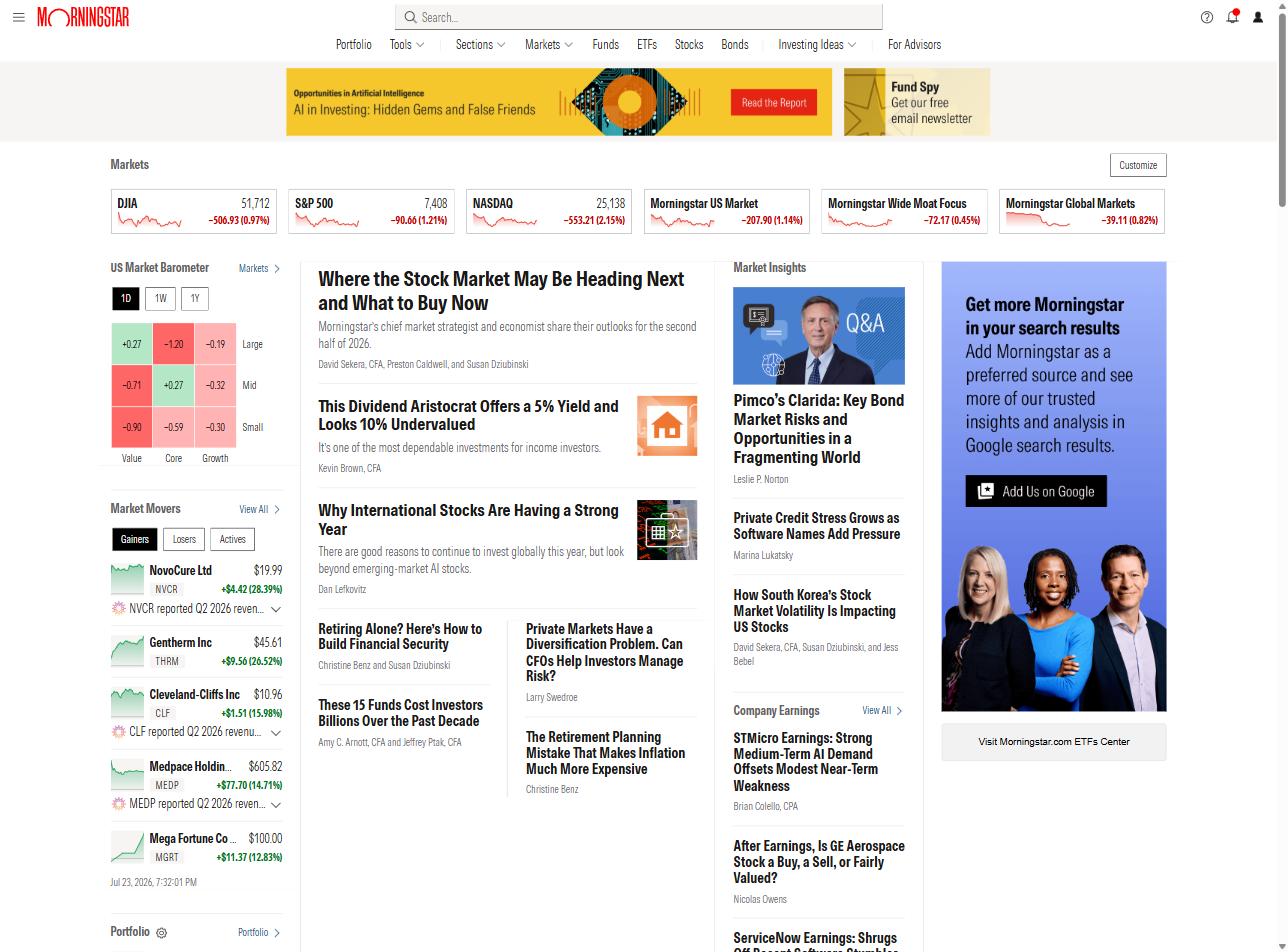 Morningstar Investor homepage dashboard showing market barometer and index performance